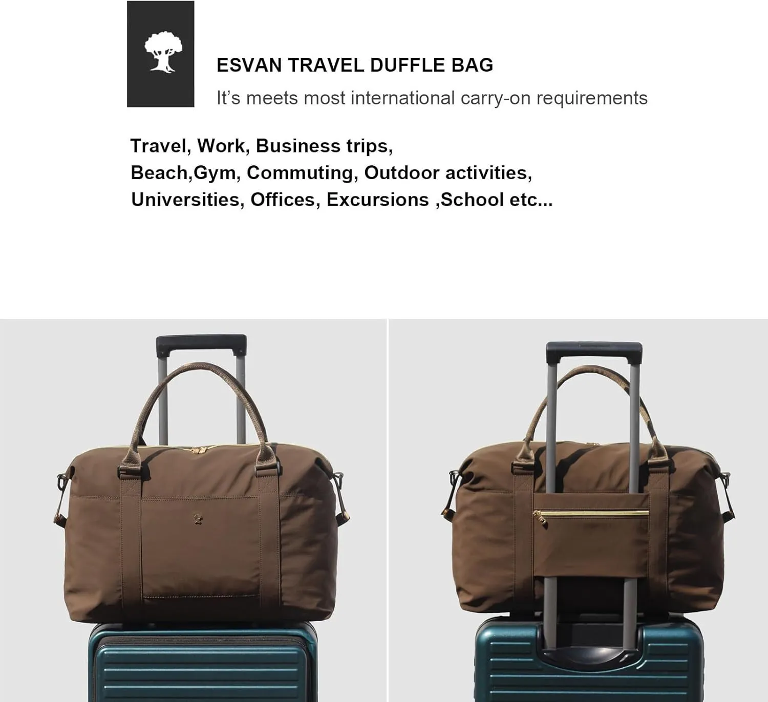 ESVAN Travel Tote Duffel Gym Bag,Weekender Overnight Carry-on Tote Crossbody Bag with Wet Pocket and Trolley Sleeve Upgraded