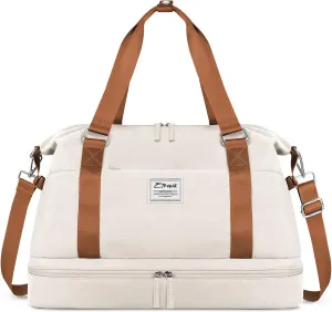 ETRONIK Weekender Bags for Women, Large Travel Bag with Shoes Compartment & Wet Pocket, Duffel Bag with Trolley Sleeve for Personal Item Travel, Overnight Carry on Bag, Beige, LXB023