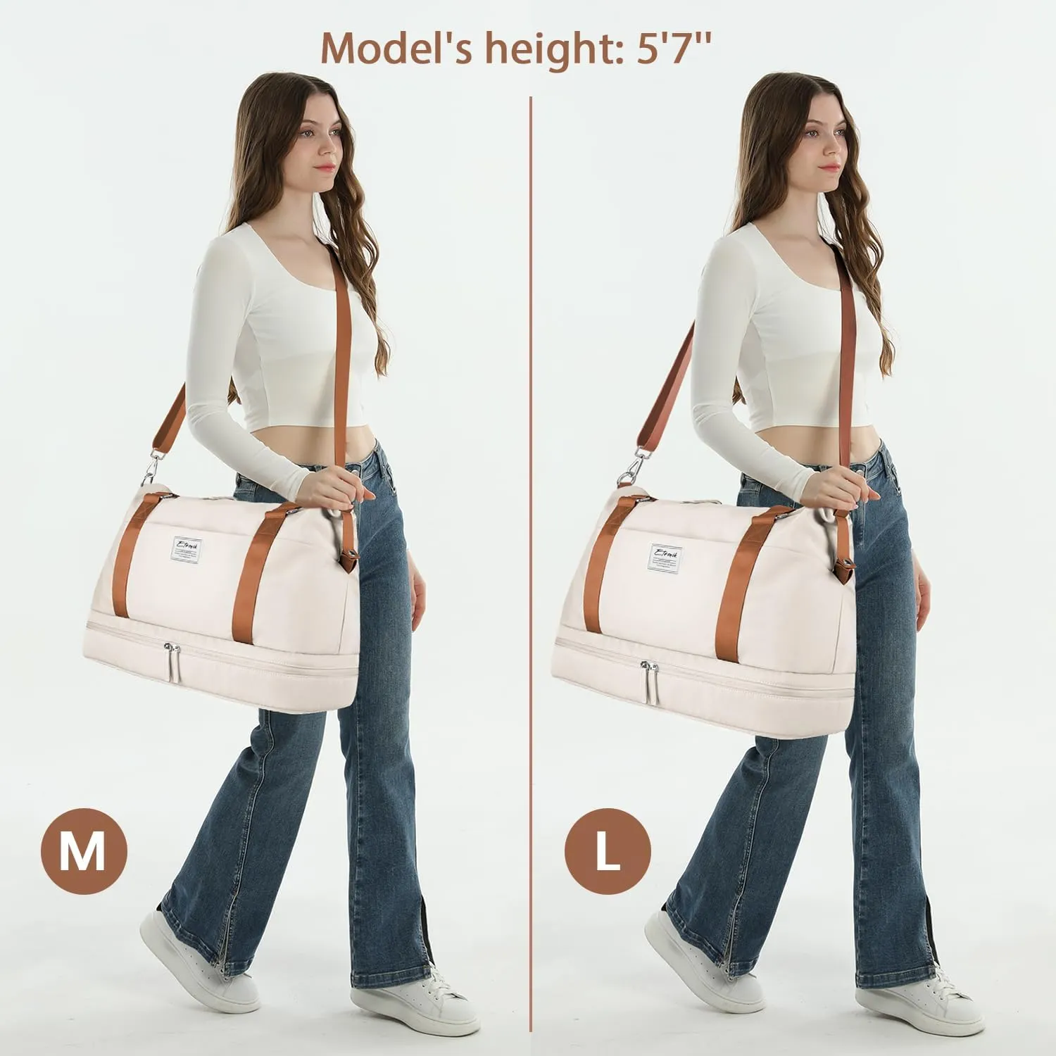 ETRONIK Weekender Bags for Women, Large Travel Bag with Shoes Compartment & Wet Pocket, Duffel Bag with Trolley Sleeve for Personal Item Travel, Overnight Carry on Bag, Beige, LXB023