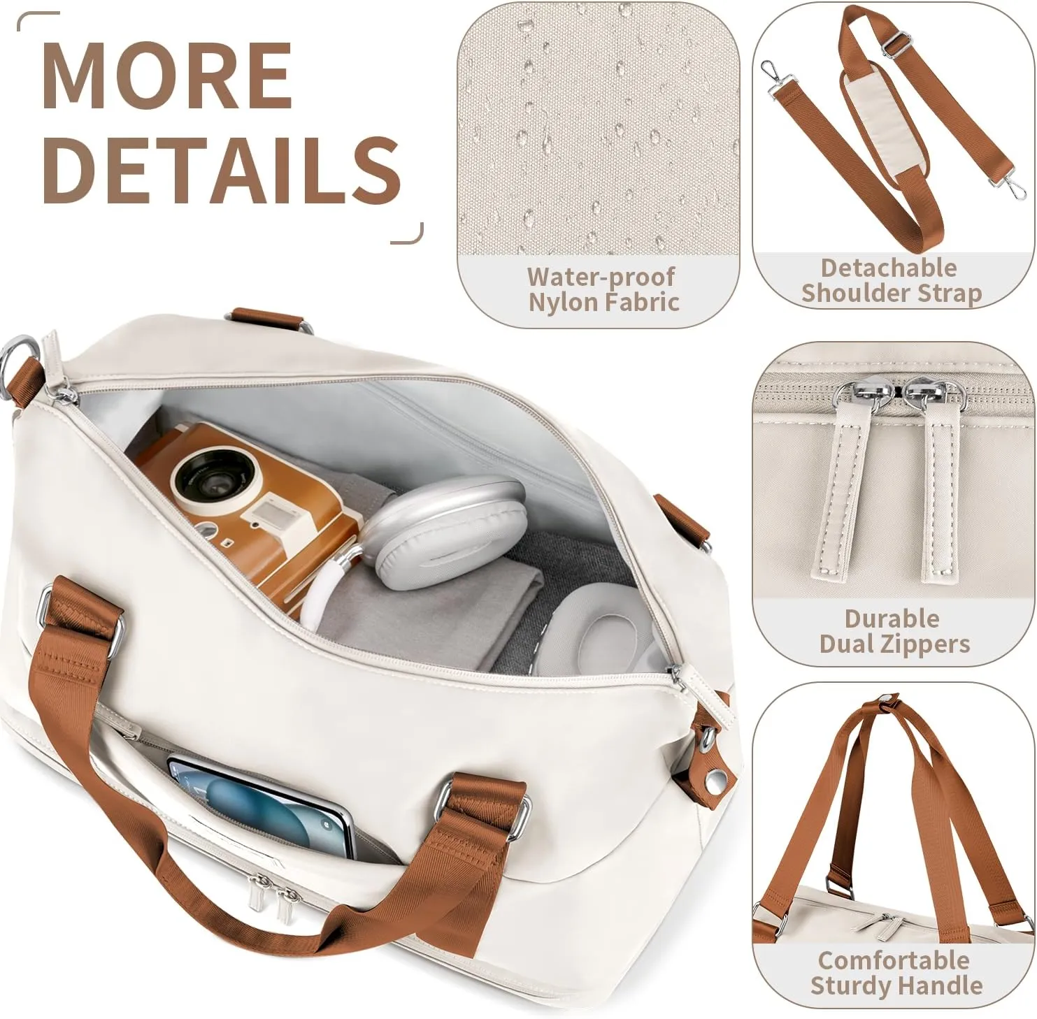 ETRONIK Weekender Bags for Women, Large Travel Bag with Shoes Compartment & Wet Pocket, Duffel Bag with Trolley Sleeve for Personal Item Travel, Overnight Carry on Bag, Beige, LXB023