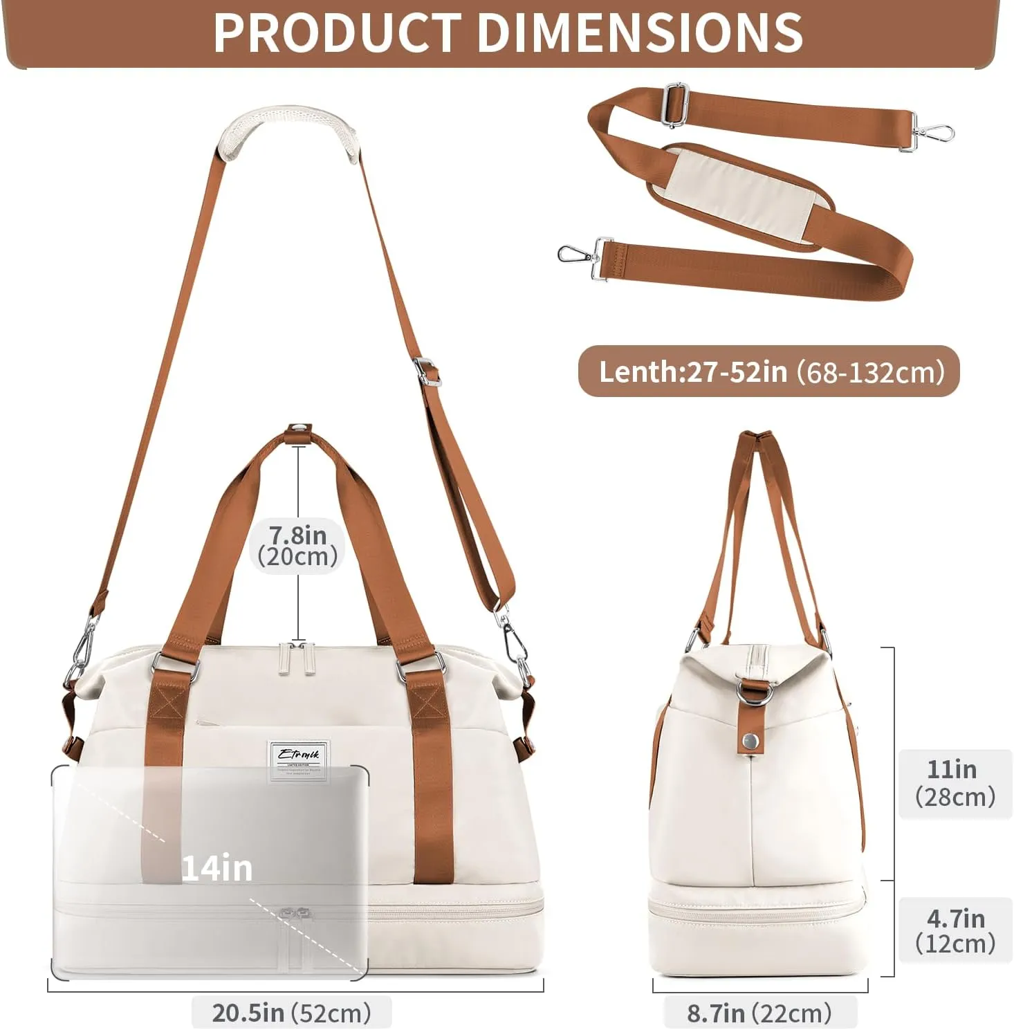 ETRONIK Weekender Bags for Women, Large Travel Bag with Shoes Compartment & Wet Pocket, Duffel Bag with Trolley Sleeve for Personal Item Travel, Overnight Carry on Bag, Beige, LXB023