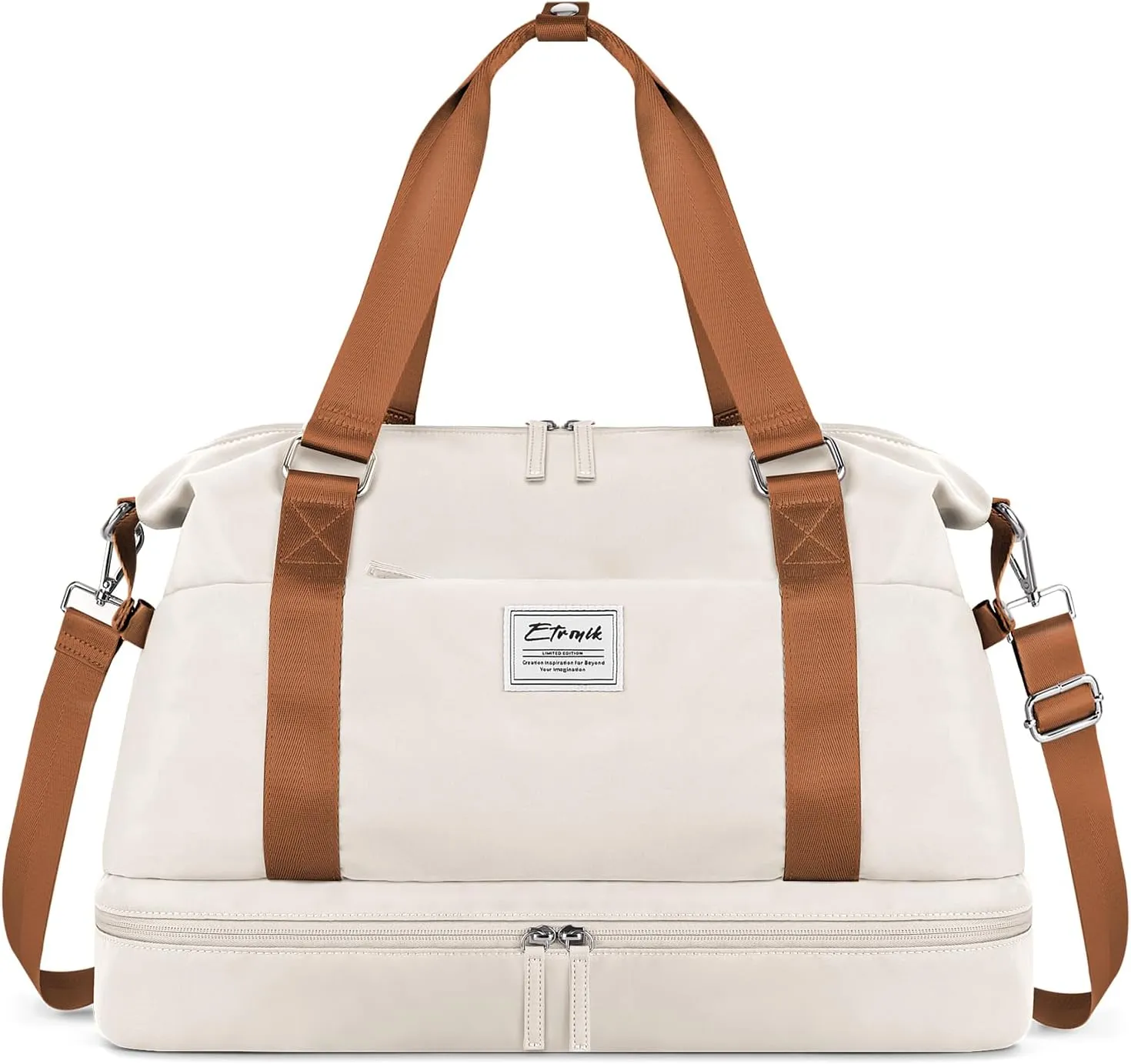 ETRONIK Weekender Bags for Women, Large Travel Bag with Shoes Compartment & Wet Pocket, Duffel Bag with Trolley Sleeve for Personal Item Travel, Overnight Carry on Bag, Beige, LXB023