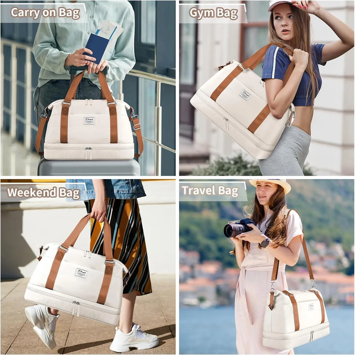 ETRONIK Weekender Bags for Women, Large Travel Bag with Shoes Compartment & Wet Pocket, Duffel Bag with Trolley Sleeve for Personal Item Travel, Overnight Carry on Bag, Beige, LXB023