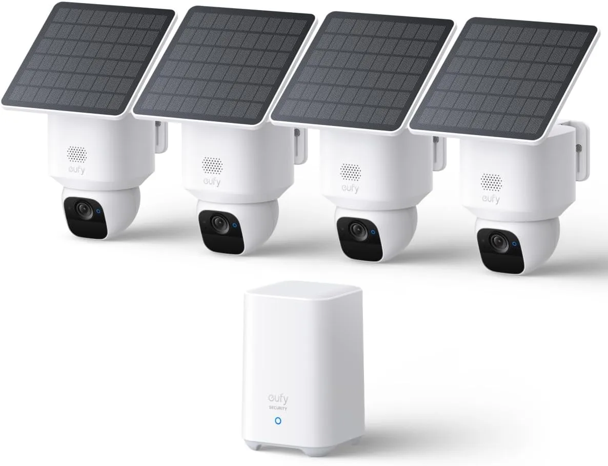 eufy Security SoloCam E30, 4-Cam Kit, Security Cameras Wireless Outdoor, Solar Camera Outdoor Wireless, 360° Pan, AI Tracking, 2K Clarity, No Monthly Fee