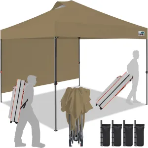 Eurmax USA NOMATTER ONE-Person Open&Close 10x10ft Pop Up Canopy Tent,Portable Shelter Canopy for Outdoor Events with 1 Removable Sidewall,Instant Canopies,Temporary Sunshade,Bonus 4 Sand Bags(Khaki)
