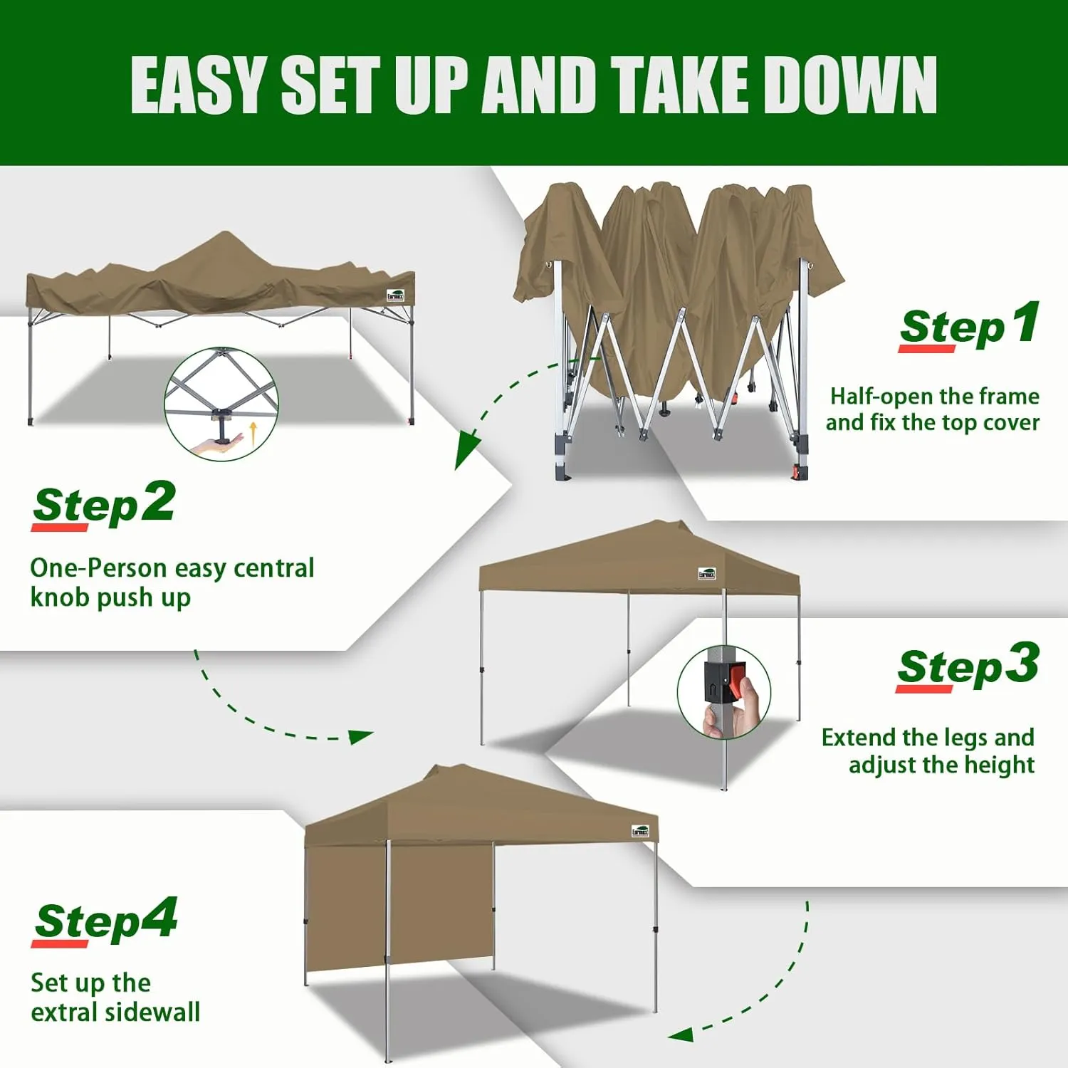 Eurmax USA NOMATTER ONE-Person Open&Close 10x10ft Pop Up Canopy Tent,Portable Shelter Canopy for Outdoor Events with 1 Removable Sidewall,Instant Canopies,Temporary Sunshade,Bonus 4 Sand Bags(Khaki)