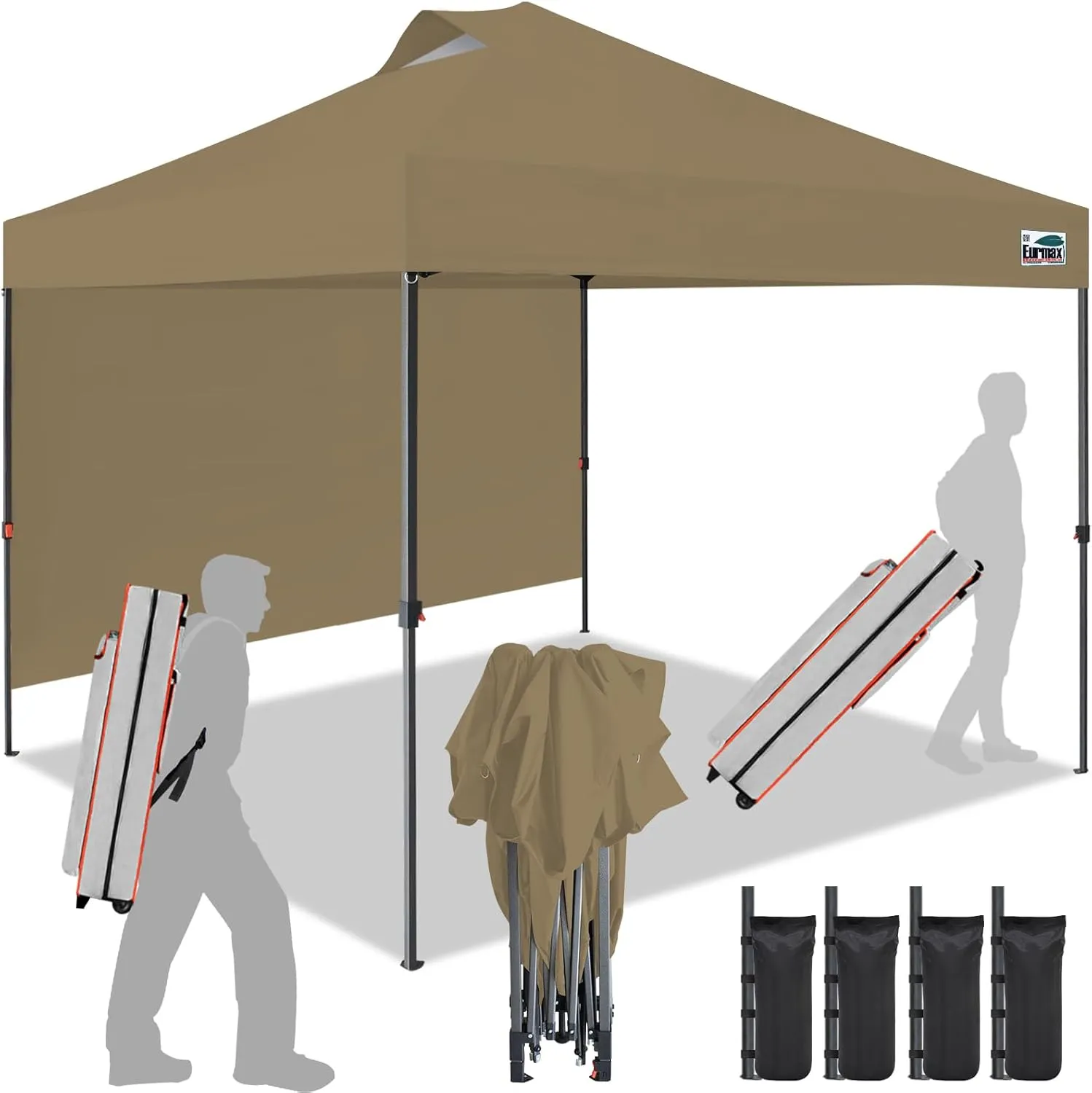 Eurmax USA NOMATTER ONE-Person Open&Close 10x10ft Pop Up Canopy Tent,Portable Shelter Canopy for Outdoor Events with 1 Removable Sidewall,Instant Canopies,Temporary Sunshade,Bonus 4 Sand Bags(Khaki)