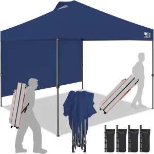 Eurmax USA NOMATTER ONE-Person Open&Close 10x10ft Pop Up Canopy Tent,Portable Shelter Canopy for Outdoor Events with 1 Removable Sidewall,Temporary Sunshade,Bonus 4 Sand Bags(Navy Blue)