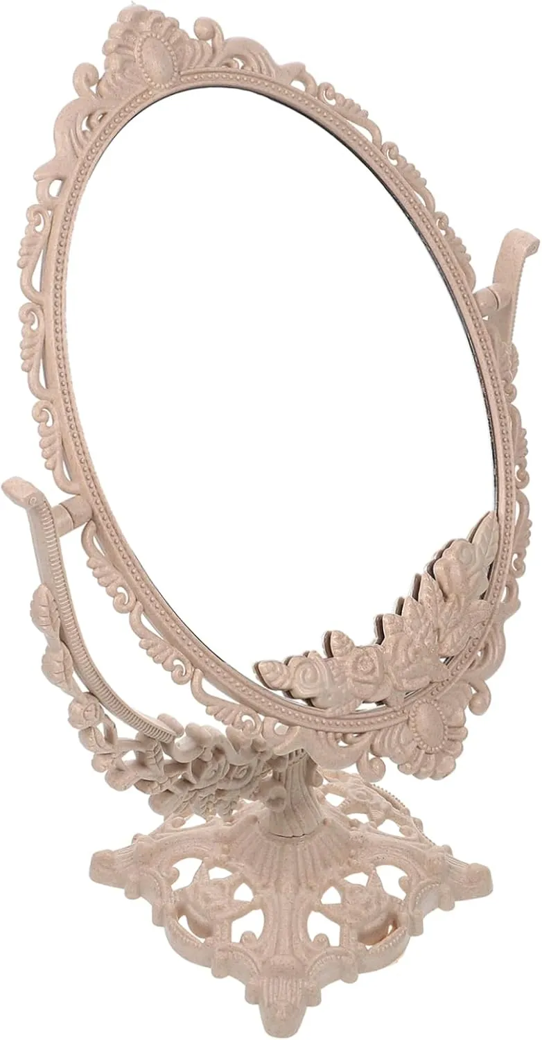 European Style Retro Double Sided Cosmetic Mirror Beige Oval Makeup Mirror for Home Bathroom Bedroom Durable Material Stylish Vanity Decoration for Makeup