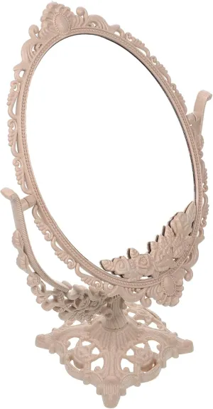 European Style Retro Double Sided Cosmetic Mirror Beige Oval Makeup Mirror for Home Bathroom Bedroom Durable Material Stylish Vanity Decoration for Makeup