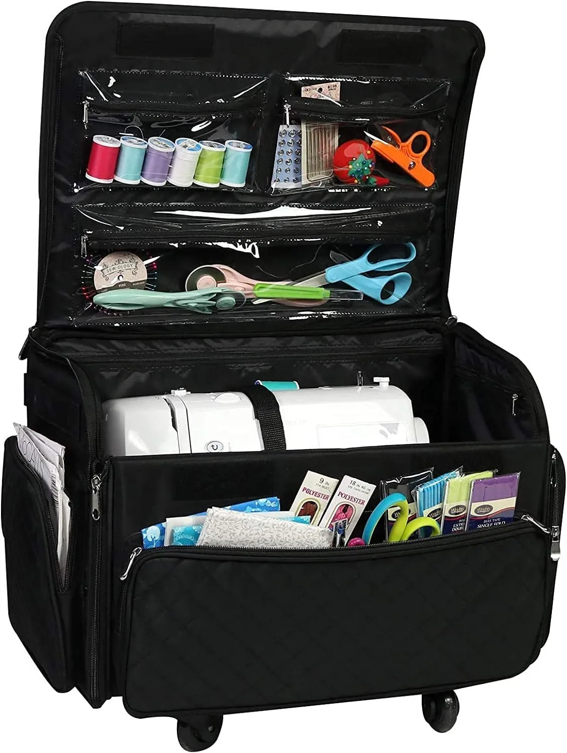 Everything Mary 4 Wheels Collapsible Deluxe Sewing Machine Storage Case, Black - Rolling Trolley Carrying Bag for Brother, Singer