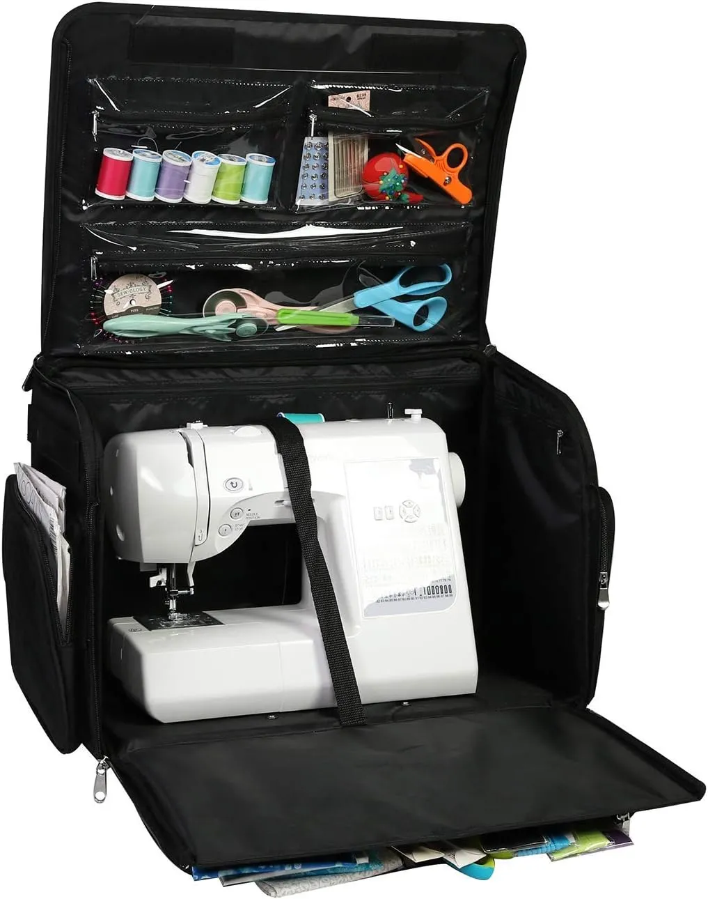 Everything Mary 4 Wheels Collapsible Deluxe Sewing Machine Storage Case, Black - Rolling Trolley Carrying Bag for Brother, Singer