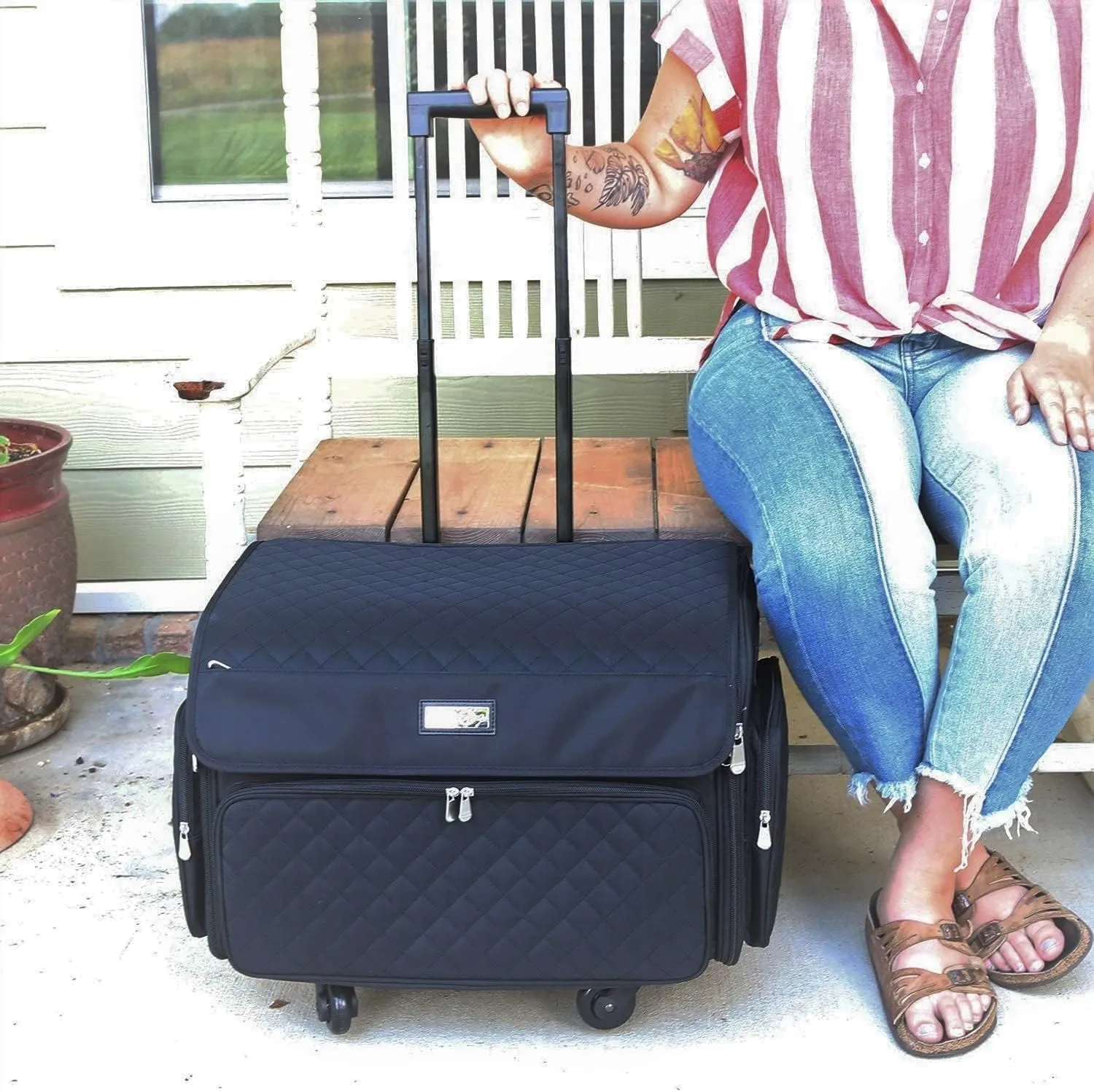 Everything Mary 4 Wheels Collapsible Deluxe Sewing Machine Storage Case, Black - Rolling Trolley Carrying Bag for Brother, Singer