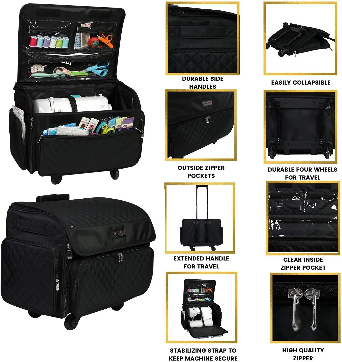 Everything Mary 4 Wheels Collapsible Deluxe Sewing Machine Storage Case, Black - Rolling Trolley Carrying Bag for Brother, Singer