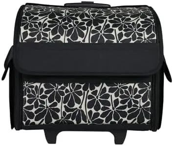 Everything Mary Collapsible Rolling Sewing Machine Tote - Premium Polyester Construction - Universal Fit - Portable with Dual Wheels and Telescoping Handle - Large Black Floral