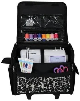 Everything Mary Collapsible Rolling Sewing Machine Tote - Premium Polyester Construction - Universal Fit - Portable with Dual Wheels and Telescoping Handle - Large Black Floral