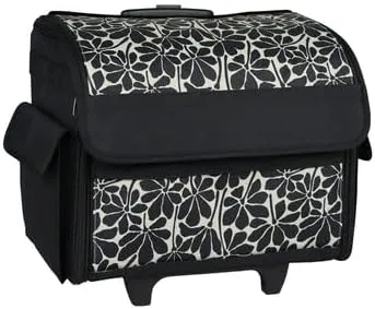 Everything Mary Collapsible Rolling Sewing Machine Tote - Premium Polyester Construction - Universal Fit - Portable with Dual Wheels and Telescoping Handle - Large Black Floral