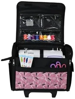 Everything Mary Collapsible Rolling Sewing Machine Tote - Premium Polyester Construction - Universal Fit - Portable with Dual Wheels and Telescoping Handle - Pink Abstract