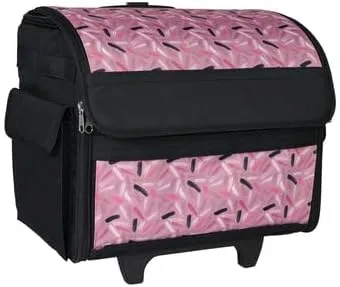 Everything Mary Collapsible Rolling Sewing Machine Tote - Premium Polyester Construction - Universal Fit - Portable with Dual Wheels and Telescoping Handle - Pink Abstract