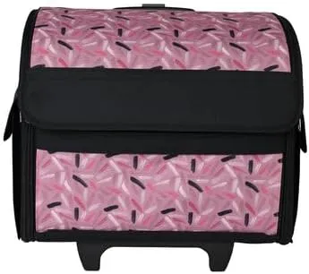 Everything Mary Collapsible Rolling Sewing Machine Tote - Premium Polyester Construction - Universal Fit - Portable with Dual Wheels and Telescoping Handle - Pink Abstract