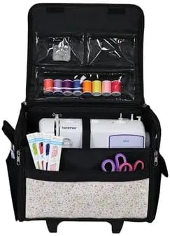 Everything Mary Collapsible Rolling Sewing Machine Tote - Premium Polyester Construction - Universal Fit - Portable with Dual Wheels and Telescoping Handle - Small Pastel Floral
