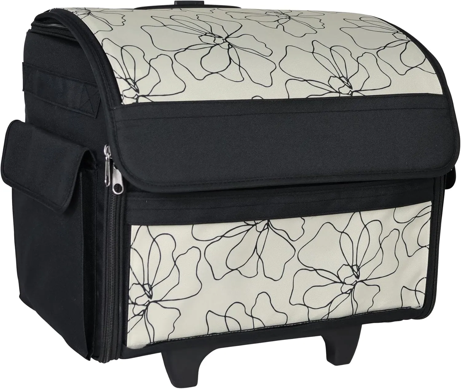 Everything Mary Collapsible Rolling Sewing Machine Tote - Premium Polyester Construction - Universal Fit - Portable with Dual Wheels and Telescoping Handle -Tan Line Floral