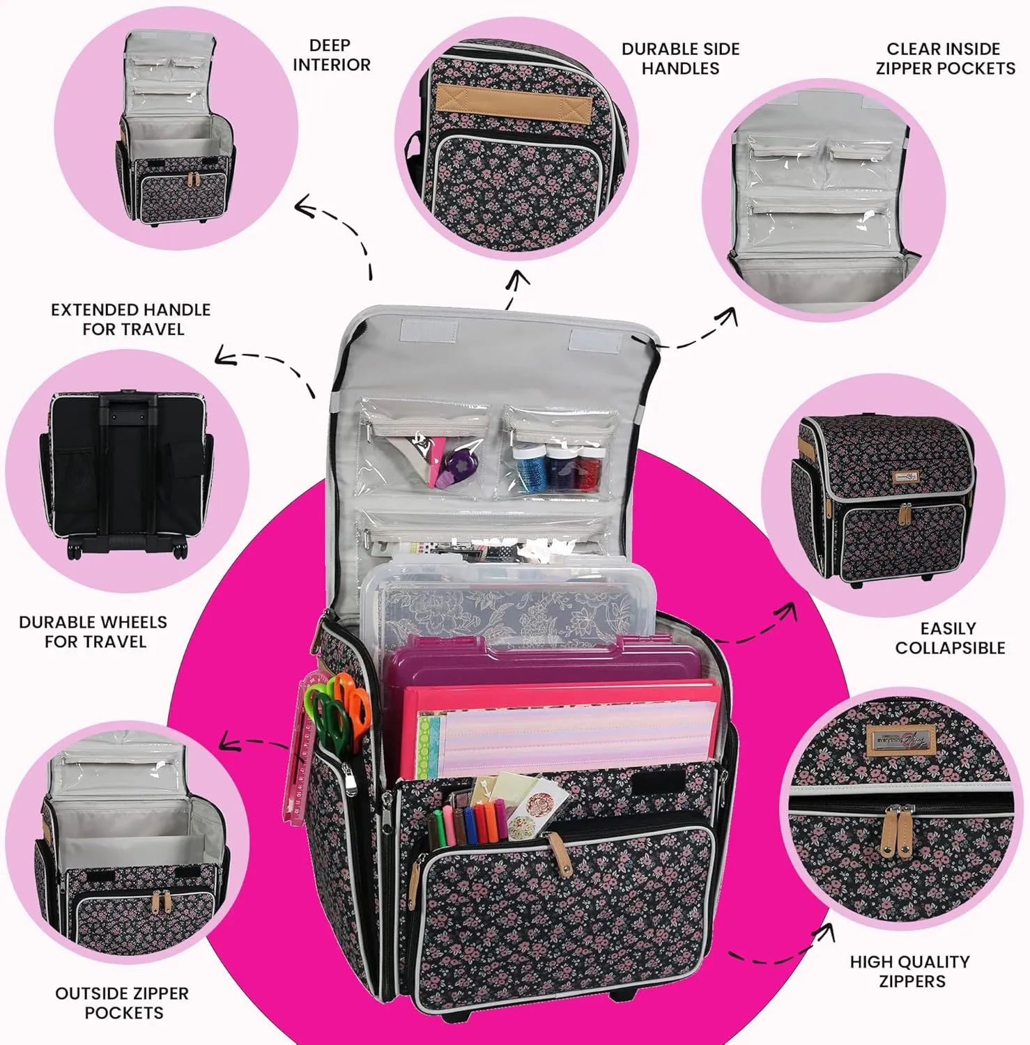Everything Mary Wheeled Scrapbook Tote for Scrapbooking & Art - Travel Organizer Storage Bin for Paper, Glue, Tape