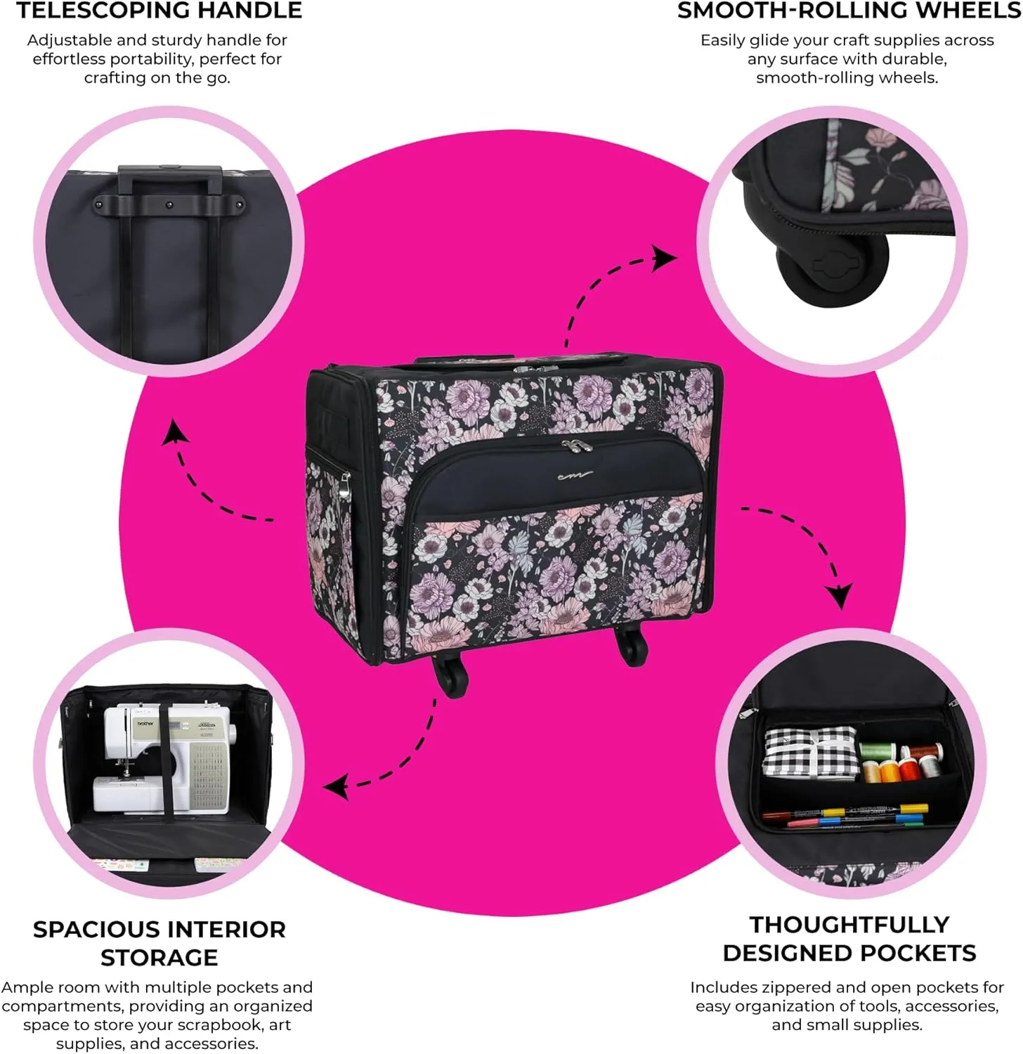Everything Mary XL Rolling Flat Top Craft Tote Sewing Machine Case - Collapsible with Padded Interior, Top Pocket, and Spacious Storage for Accessories