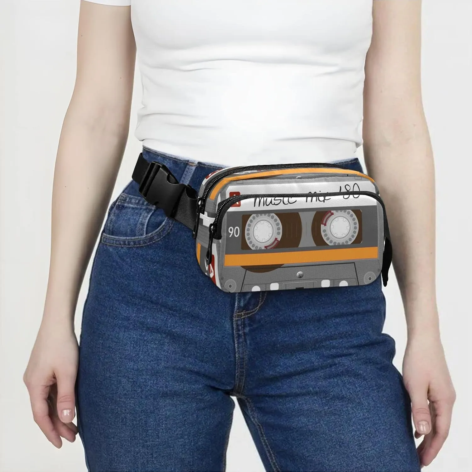 Exnundod Unique Music Mix 80s Tape Fanny Waist Pack for Women Men, Retro Cassette Crossbody Pack with Adjustable Strap Belt Bag Hip Bum Bag for Running Hiking Cycling Traveling