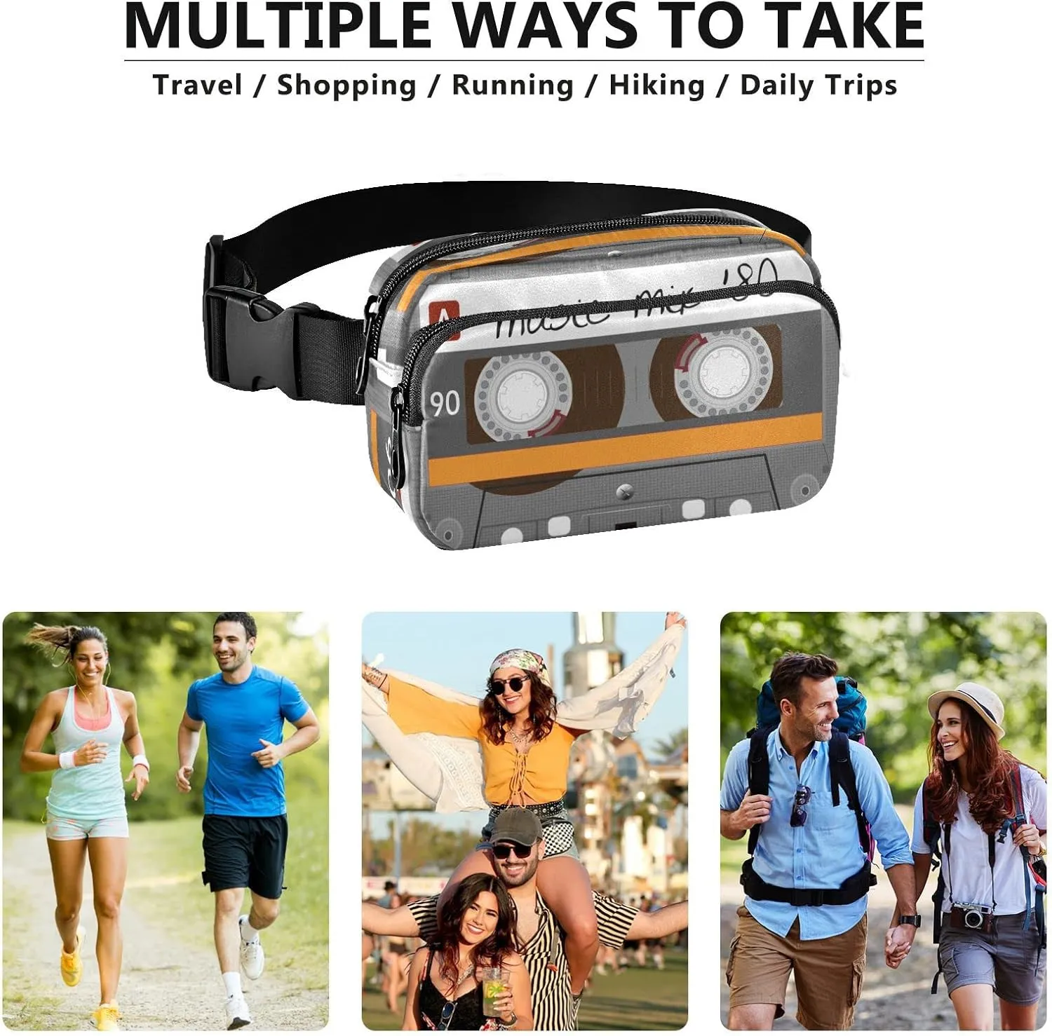 Exnundod Unique Music Mix 80s Tape Fanny Waist Pack for Women Men, Retro Cassette Crossbody Pack with Adjustable Strap Belt Bag Hip Bum Bag for Running Hiking Cycling Traveling