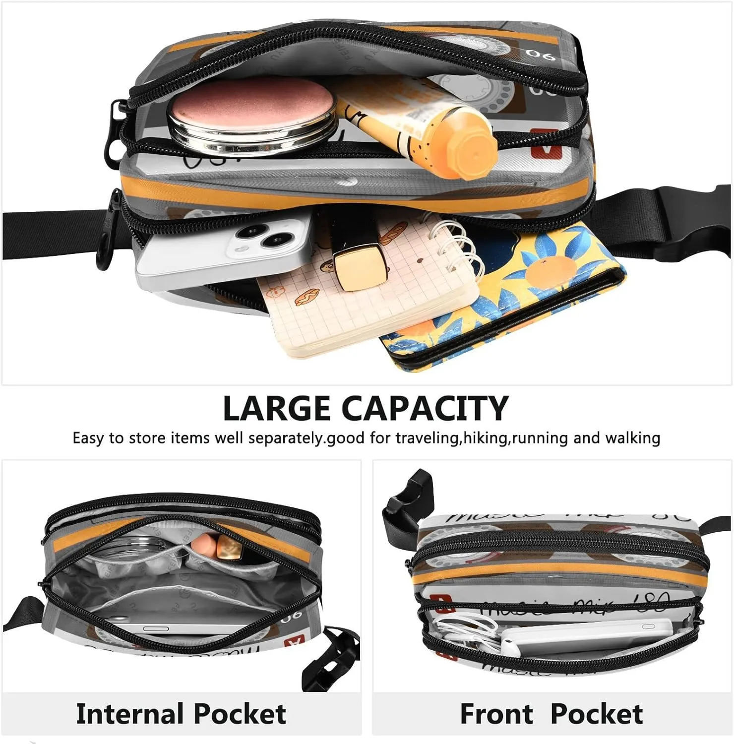 Exnundod Unique Music Mix 80s Tape Fanny Waist Pack for Women Men, Retro Cassette Crossbody Pack with Adjustable Strap Belt Bag Hip Bum Bag for Running Hiking Cycling Traveling