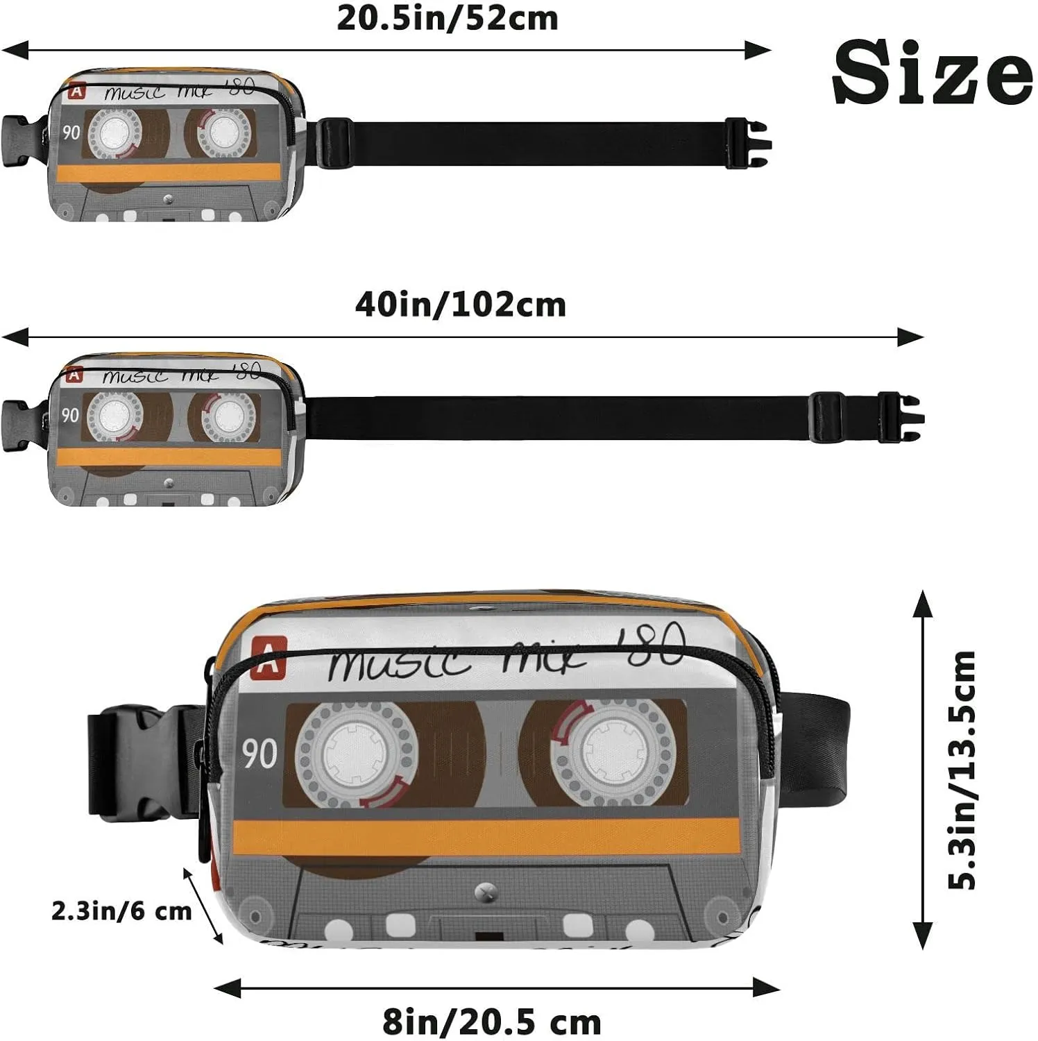 Exnundod Unique Music Mix 80s Tape Fanny Waist Pack for Women Men, Retro Cassette Crossbody Pack with Adjustable Strap Belt Bag Hip Bum Bag for Running Hiking Cycling Traveling