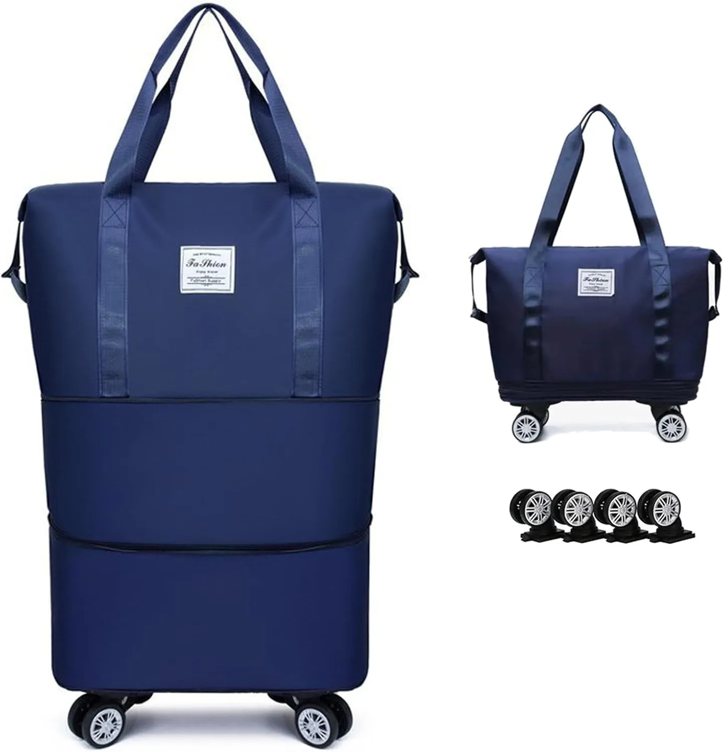 Expandable & Foldable Rolling Duffle Bag with Wheels, Large Capacity Carry-On Luggage with Dry Wet Separation, Waterproof Lightweight Travel Weekend Bag for Women Men (Navy Blue)
