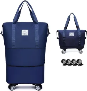 Expandable & Foldable Rolling Duffle Bag with Wheels, Large Capacity Carry-On Luggage with Dry Wet Separation, Waterproof Lightweight Travel Weekend Bag for Women Men (Navy Blue)