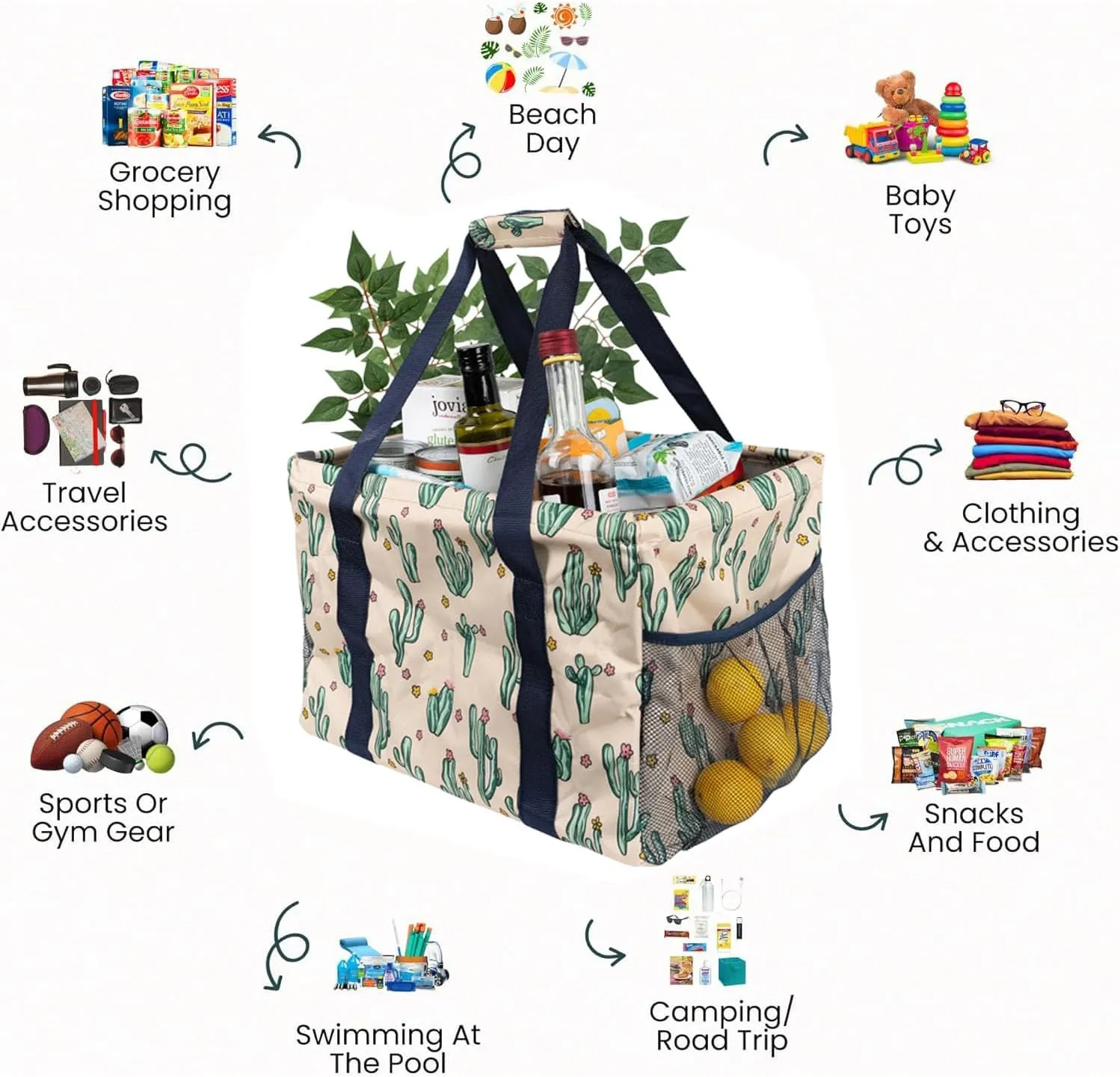 Extra Large Utility Tote Bag - Collapsible Tote with Wire Frame for Beach, Groceries, Travel - Includes 5x7 Bag