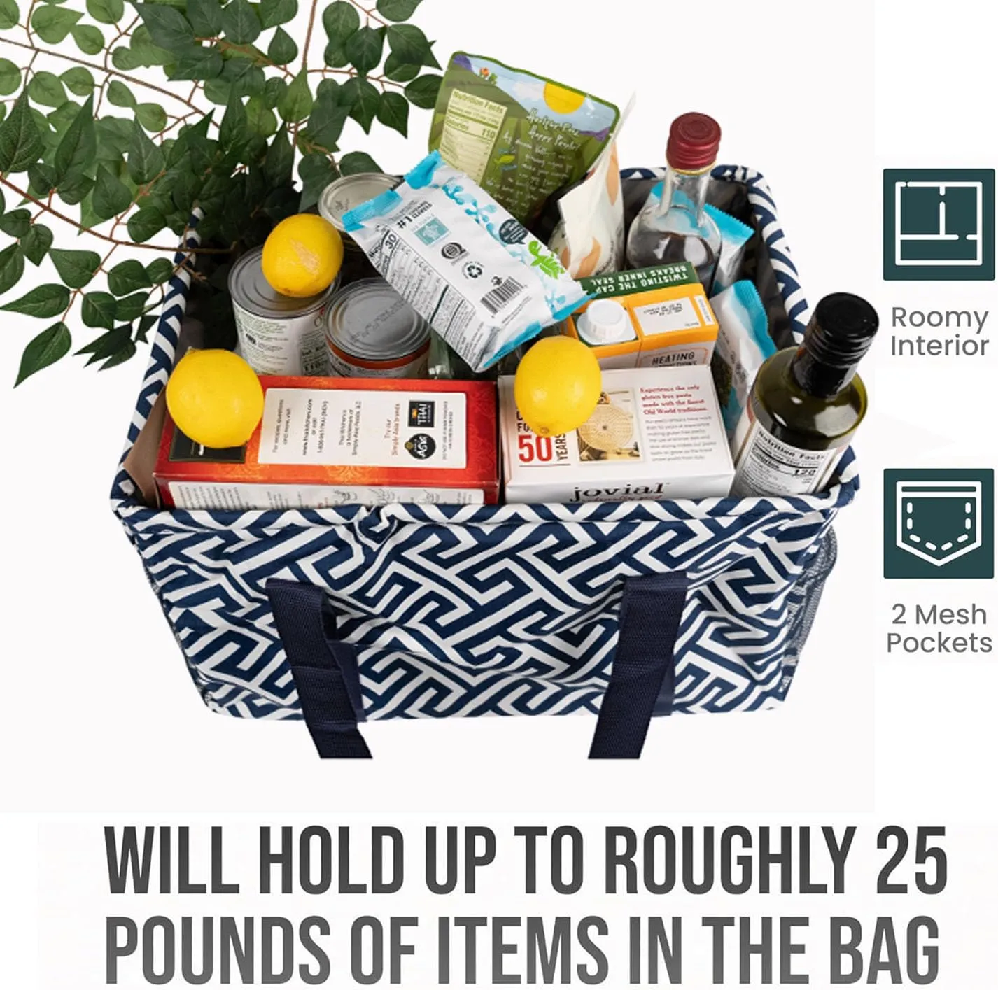 Extra Large Utility Tote Bag - Collapsible Tote with Wire Frame for Beach, Groceries, Travel - Includes 5x7 Bag