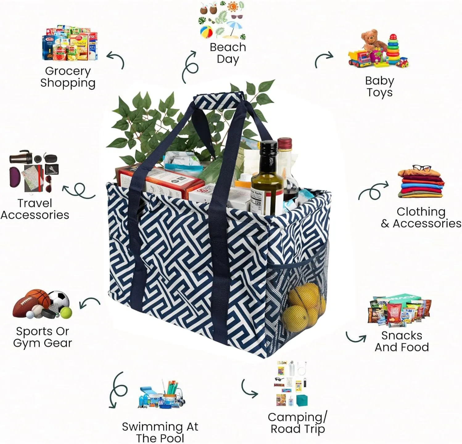 Extra Large Utility Tote Bag - Collapsible Tote with Wire Frame for Beach, Groceries, Travel - Includes 5x7 Bag