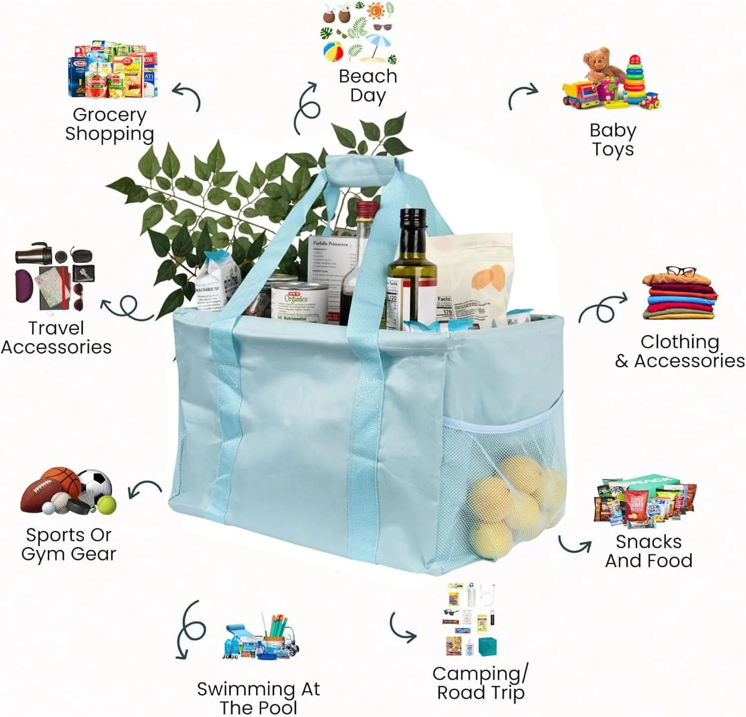 Extra Large Utility Tote Bag - Collapsible Tote with Wire Frame for Beach, Groceries, Travel - Includes 5x7 Bag