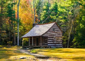 Fabric 7x5ft Mountain Log Cabin Photography Backdrop Restored Cottage Forest Trees Autumn Mountains National Park Background Adult Children Outdoor Portrait Photo Booth Studio Props