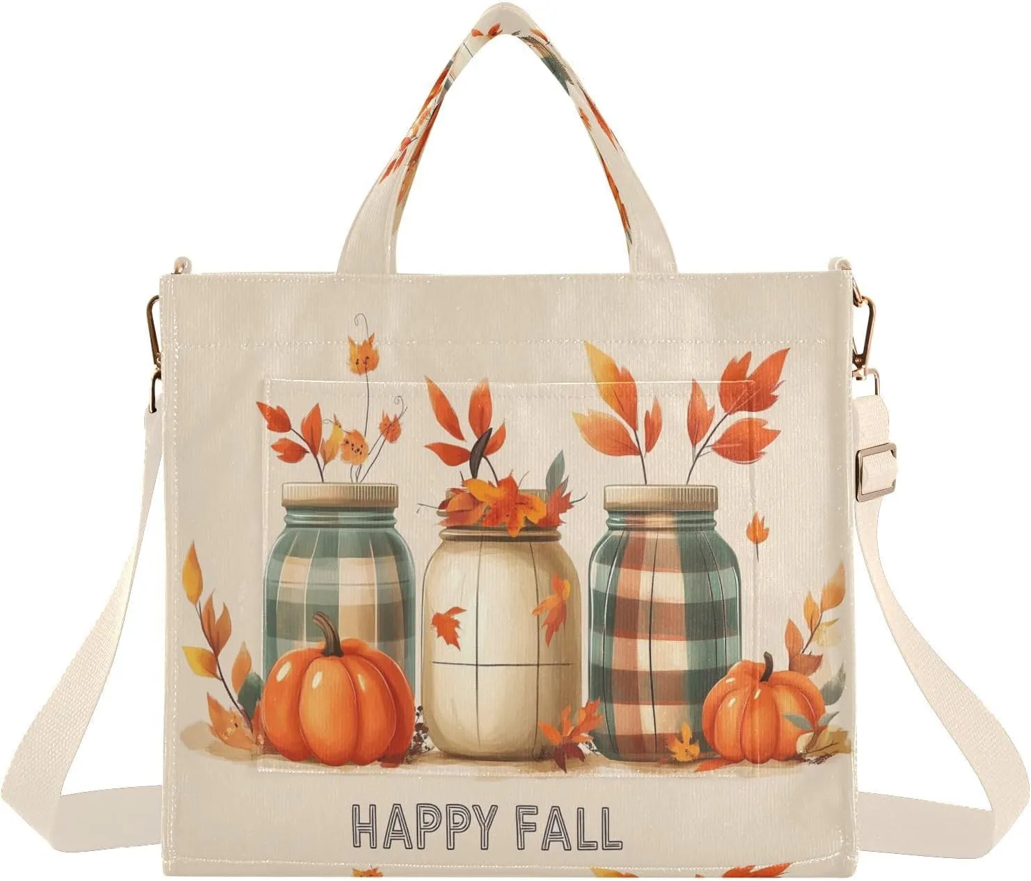 Fall Pumpkins Jars Tote Bag for Women Handbag Nurse Bags Corduroy Crossbody Purse Shoulder Bag for Woman College