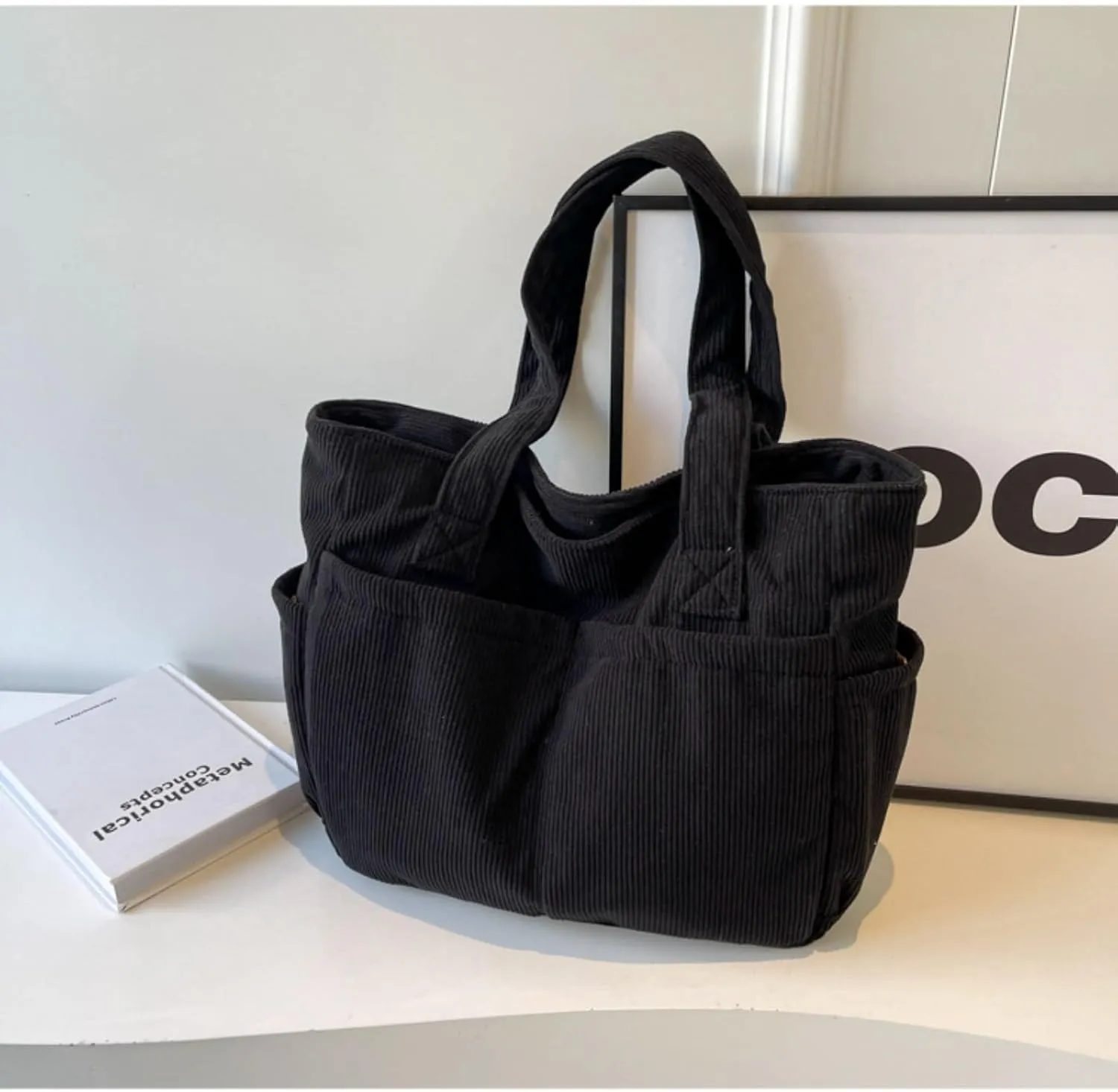Fall Winter Corduroy Tote Bag Large Capacity Handbag with Multiple Pockets Fashion Shoulder Bag for Women