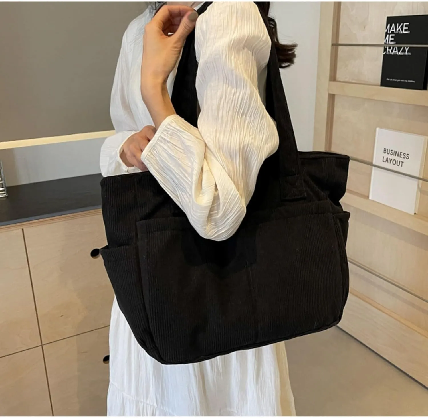 Fall Winter Corduroy Tote Bag Large Capacity Handbag with Multiple Pockets Fashion Shoulder Bag for Women