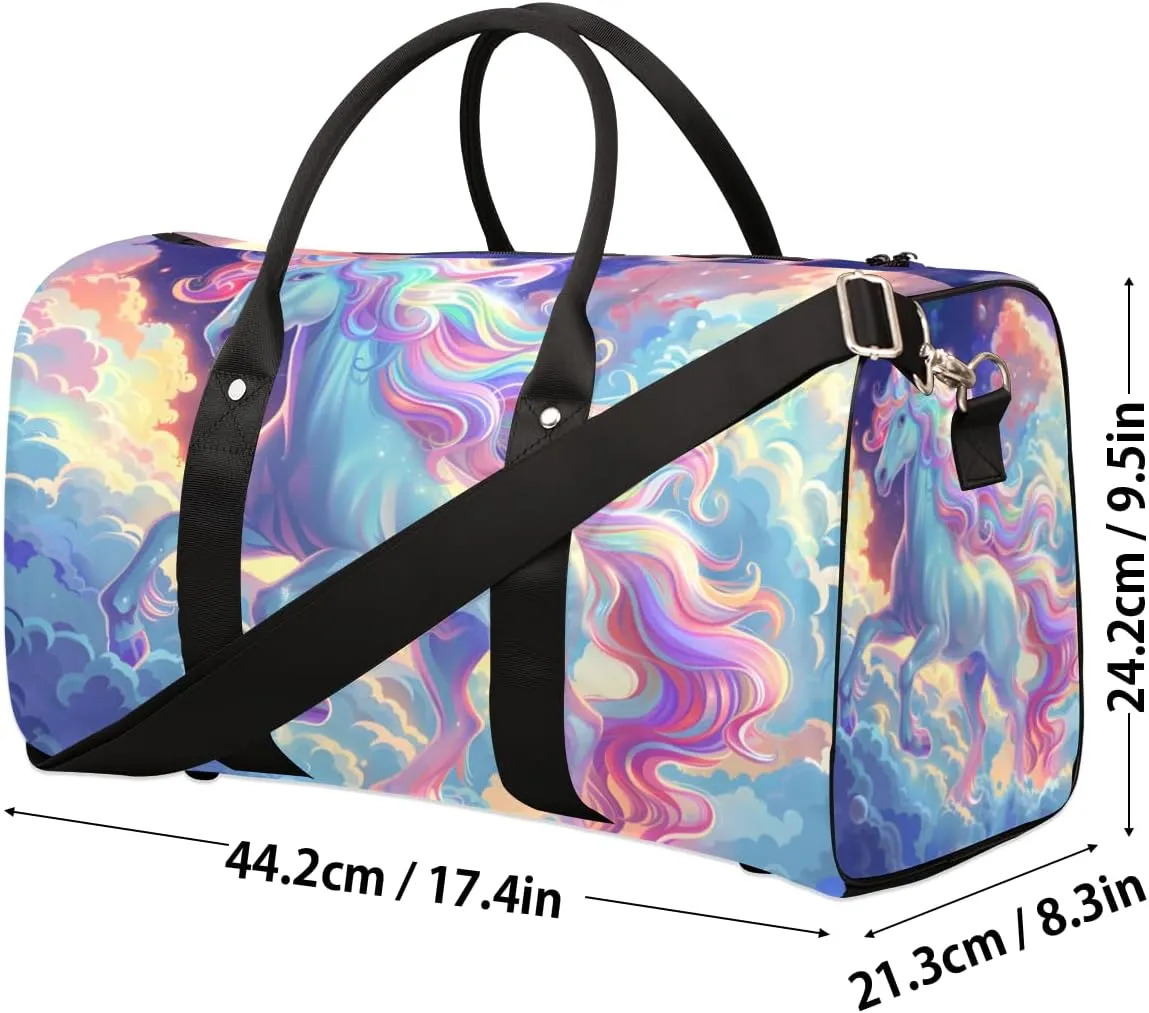 Fantasy Unicorn Travel Duffle Bag for Women Men Gym Duffel Foldable Bag Waterproof Weekender Sky Rainbow Duffle Tote