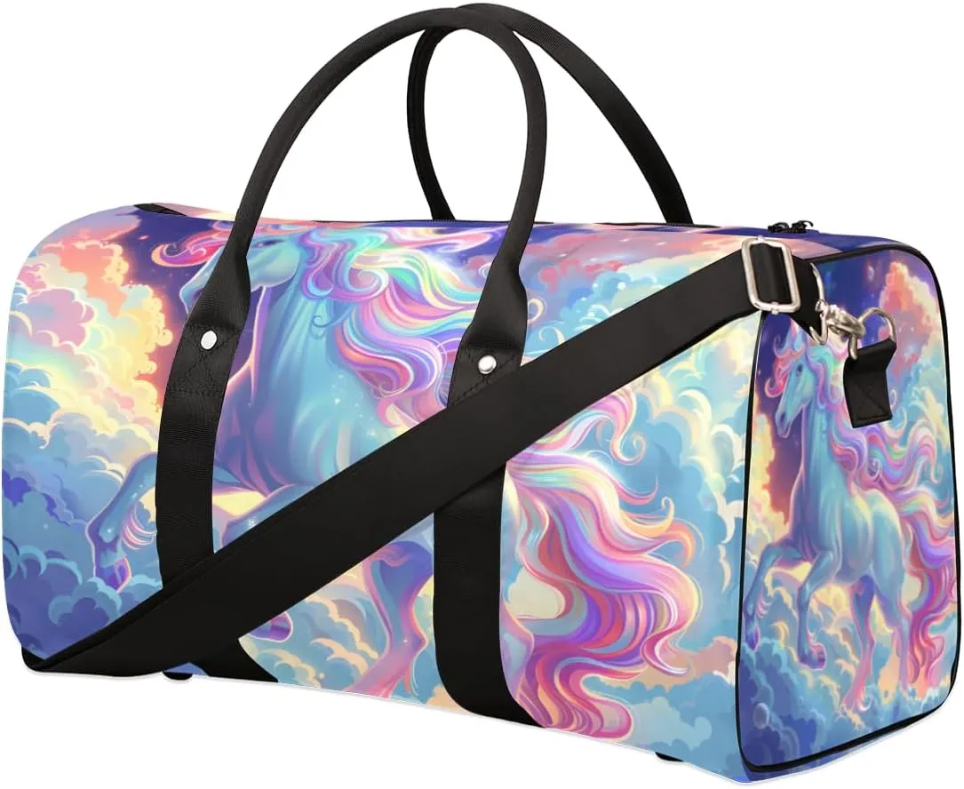 Fantasy Unicorn Travel Duffle Bag for Women Men Gym Duffel Foldable Bag Waterproof Weekender Sky Rainbow Duffle Tote