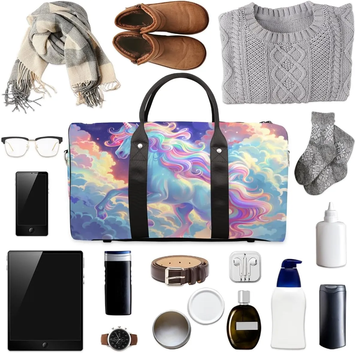 Fantasy Unicorn Travel Duffle Bag for Women Men Gym Duffel Foldable Bag Waterproof Weekender Sky Rainbow Duffle Tote