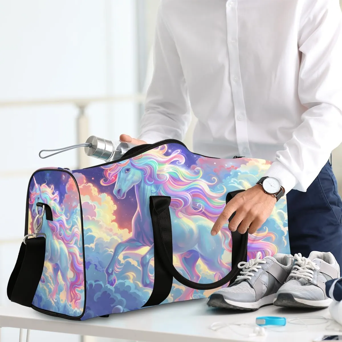 Fantasy Unicorn Travel Duffle Bag for Women Men Gym Duffel Foldable Bag Waterproof Weekender Sky Rainbow Duffle Tote
