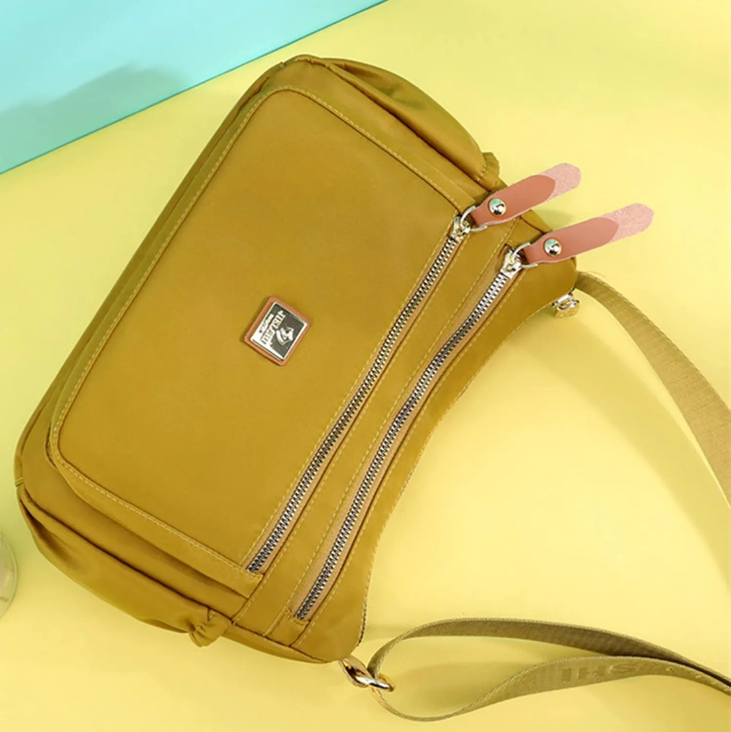 Fashion Multicolor Nylon Fabric Large Capacity Zipper Adjustable Shoulder Strap Messenger Bag Satchel (Yellow, One Size)