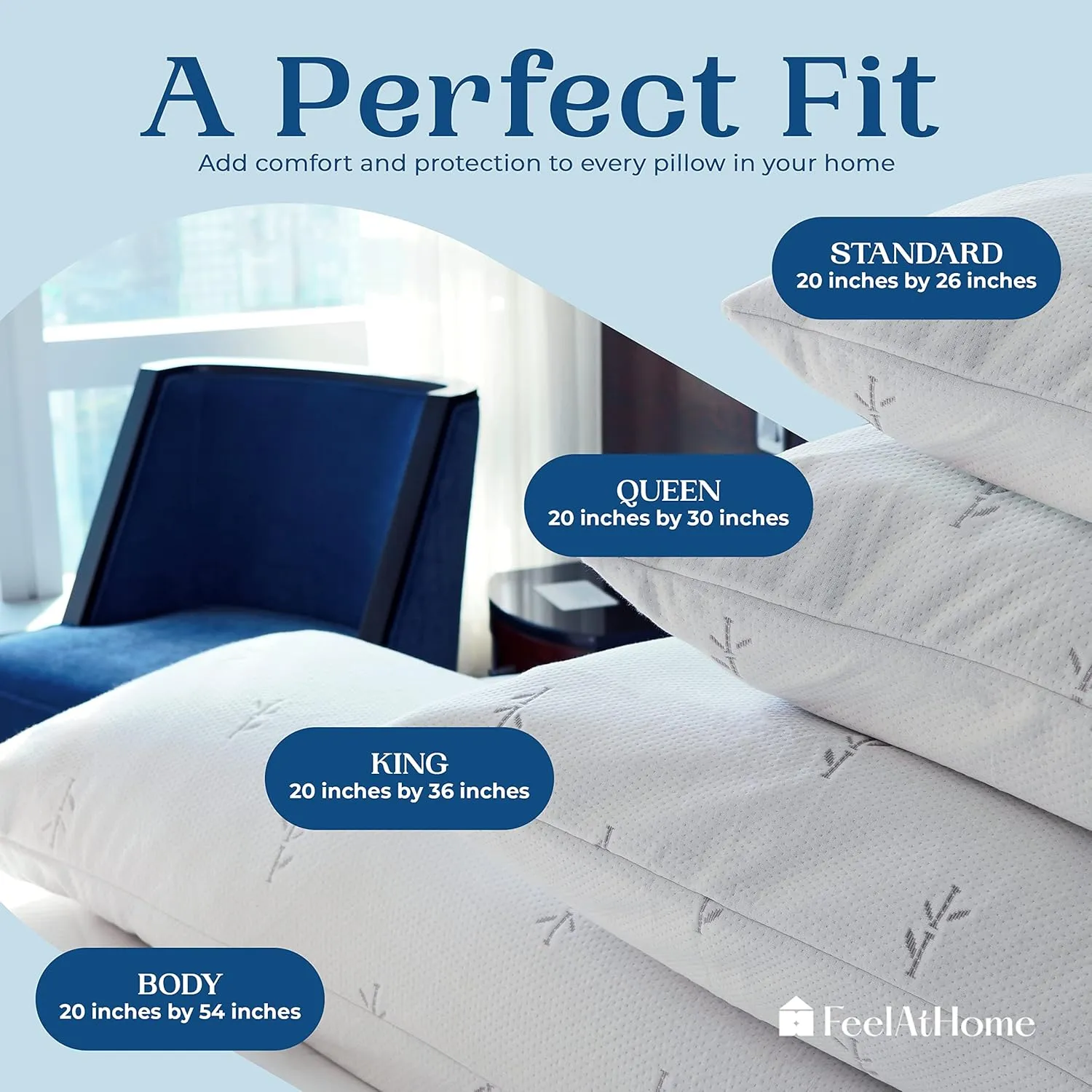 FeelAtHome 65% Polyester & 35% Rayon Derived from Bamboo Cooling Pillow Case Waterproof - 20 x 36 Inches Pack of 2 (King) - Waterproof Pillow Case - Zippered Pillow Cover - Zippered Pillow Protector