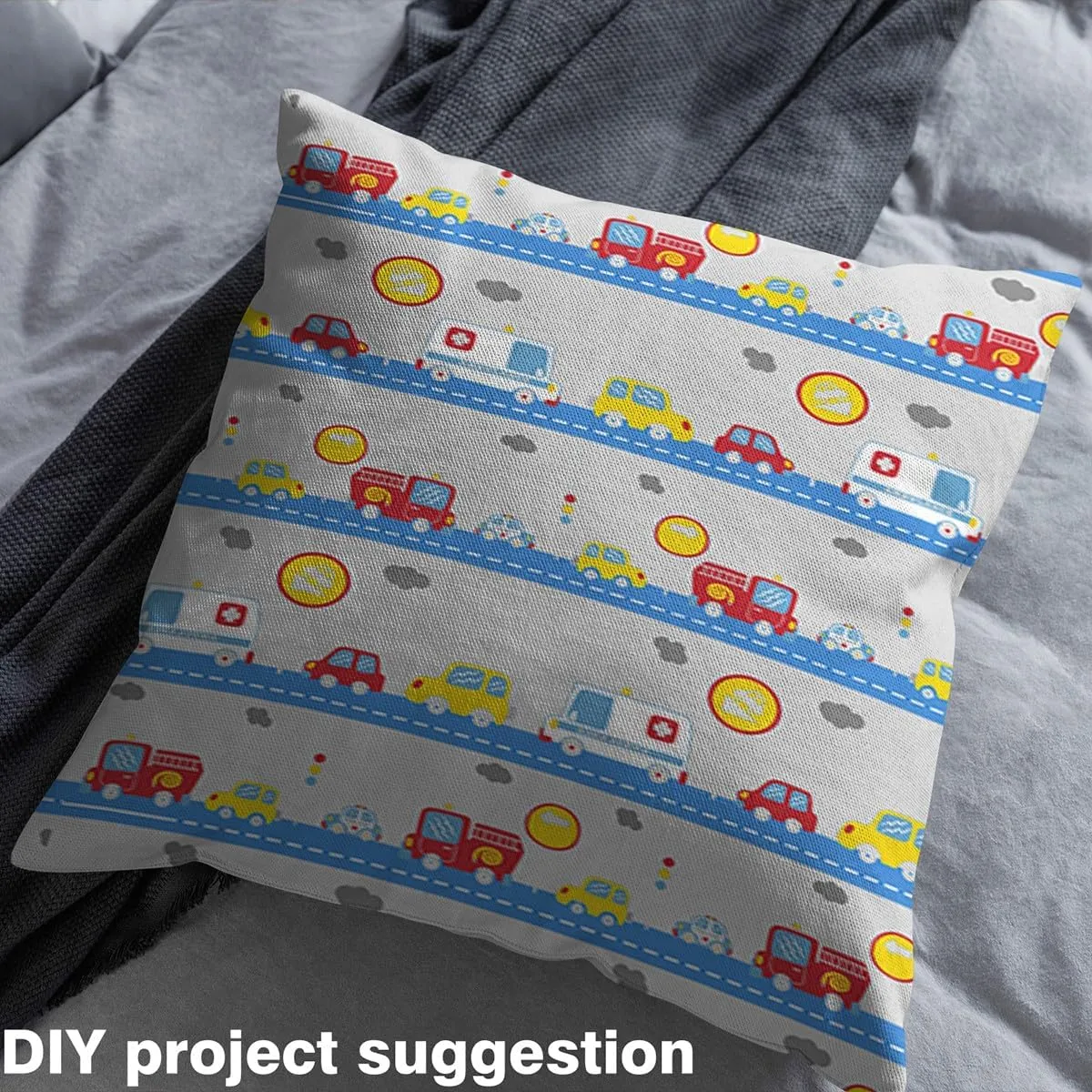 Feelyou Cartoon Cars Fabric by The Yard Kids Vehicle Waterproof Outdoor Fabric Set for Kids Boys Girls Kawaii Traffic Lights Upholstery Fabric for Chairs Car Themed Grey Blue 5 Yard