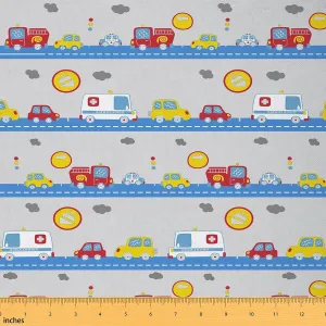 Feelyou Cartoon Cars Fabric by The Yard Kids Vehicle Waterproof Outdoor Fabric Set for Kids Boys Girls Kawaii Traffic Lights Upholstery Fabric for Chairs Car Themed Grey Blue 5 Yard